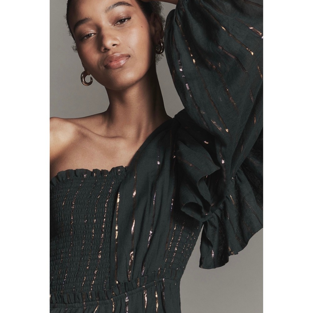 Farm Rio Anthropologie Green Metallic Striped One Shoulder Wide Leg Jumpsuit NEW - Picture 9 of 10
